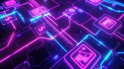 Futuristic Neon Circuit Board with Digital Icons