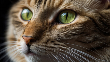 Close-up view of cat's vibrant green eyes with intricate fur patterns under soft lighting.