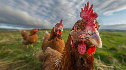 The chickens in green field