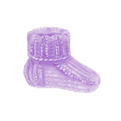 Knitted sock in purple color hand knitted with needles. Baby booties for newborn baby's feet. Watercolor clip art isolated on white background