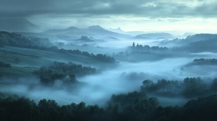 Misty Morning Landscape with Rolling Hills and Silhouetted Trees