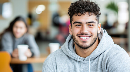 portrait of a smiling young male hispanic latino college student at university facility
