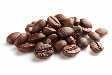 Fototapeta premium Roasted coffee beans are piled up on a white background, creating a visually appealing image