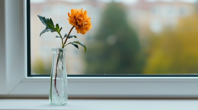 A wilted flower in a broken vase on a windowsill, fragility, symbol of impermanence and sadness