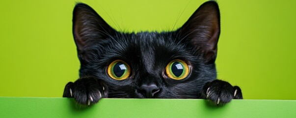 Black cat peeking over green background with yellow eyes