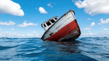An abandoned fishing boat, slowly sinking into the sea, neglect, forgotten dreams