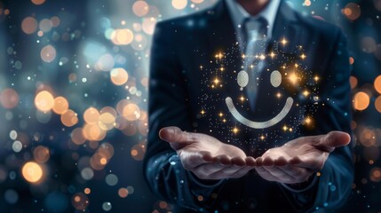 A businessman holds a glowing smiley face in his hands, symbolizing positivity, happiness, and customer satisfaction.