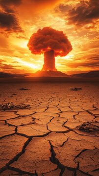 A bright orange mushroom cloud explosion rising above a cracked, arid desert landscape at sunset. Vertical image.
Concept: destruction, nuclear war, environmental disaster, apocalypse, global catastro