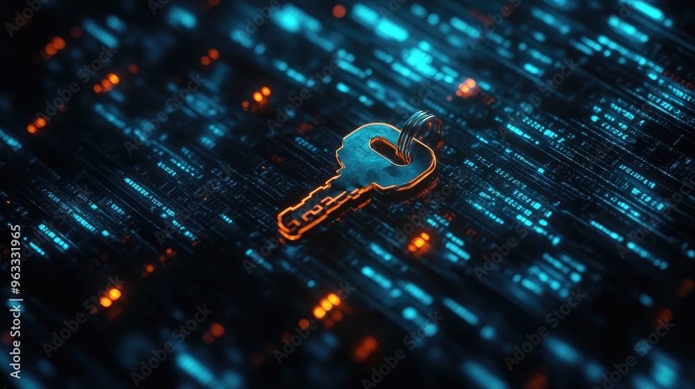 Poster macro shot of a digital key against a backdrop of encrypted data, representing cybersecurity and dat