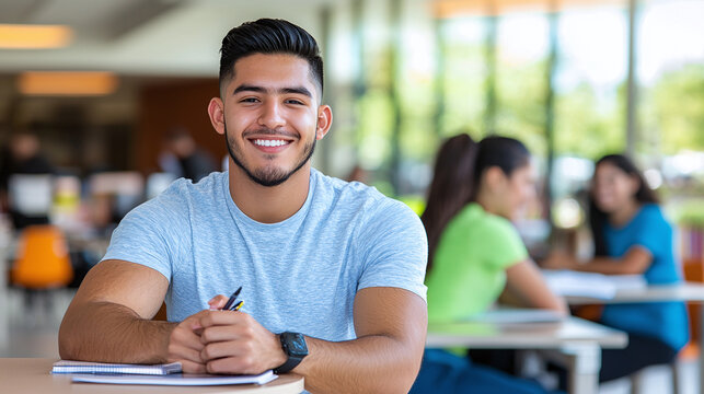 portrait of a smiling young male hispanic latino college student at university facility