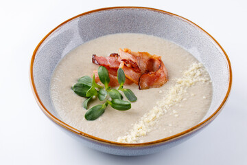 Varieties of soup bowls assorted. Many flavors of soups collection set. mushroom soup, chicken soup, pumpkin soup, shrimp, beef, vegetable, crab. set of various bowls of soups isolated.