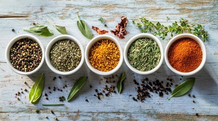 Assorted Spices and Herbs in Small Bowls on Rustic Wooden Tabletop
