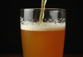 Close up of Pouring Golden Craft Beer in Glass with Frothy Foam and Bubbles on Dark Background