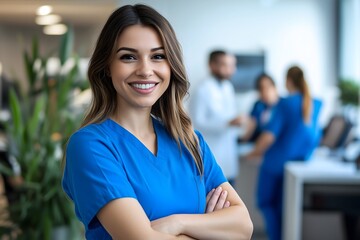Fototapeta premium In a hospital corridor, a young nurse stands smiling while doctors and staff are seen behind her. Portrait of a young nurse with healthcare professionals.