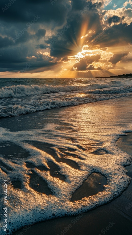 Sticker Sea foam reflecting golden light of setting sun on sandy beach