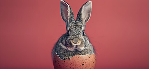 A cute gray bunny rabbit hatching from a pink egg on a red background. Easter bunny, spring, holiday, cute, adorable, animal.