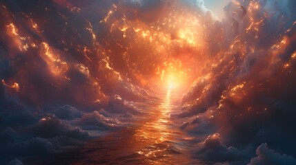 Fototapeta premium Depict the miraculous scene where the Red Sea parts to form a shimmering, divine pathway, with Moses leading the Israelites through the surreal landscape filled with glowing light 