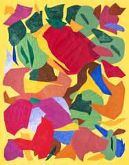 Bright colorful collage art on yellow background