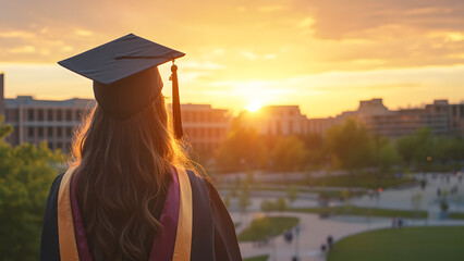Back view of a female college student looking at the university campus with a beautiful sunset. College journey and new beginnings