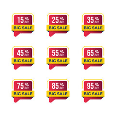 Discount numbers set Special offer discount with different value percent off. 90, 85, 80, 75, 70, 65, 60, 55, 50, 45, 40, 35, 30, 25, 20, 15, 10 percentage price reduction label. Sale offer