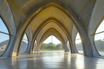Sunlight is shining through the windows of a modern building with an arched ceiling