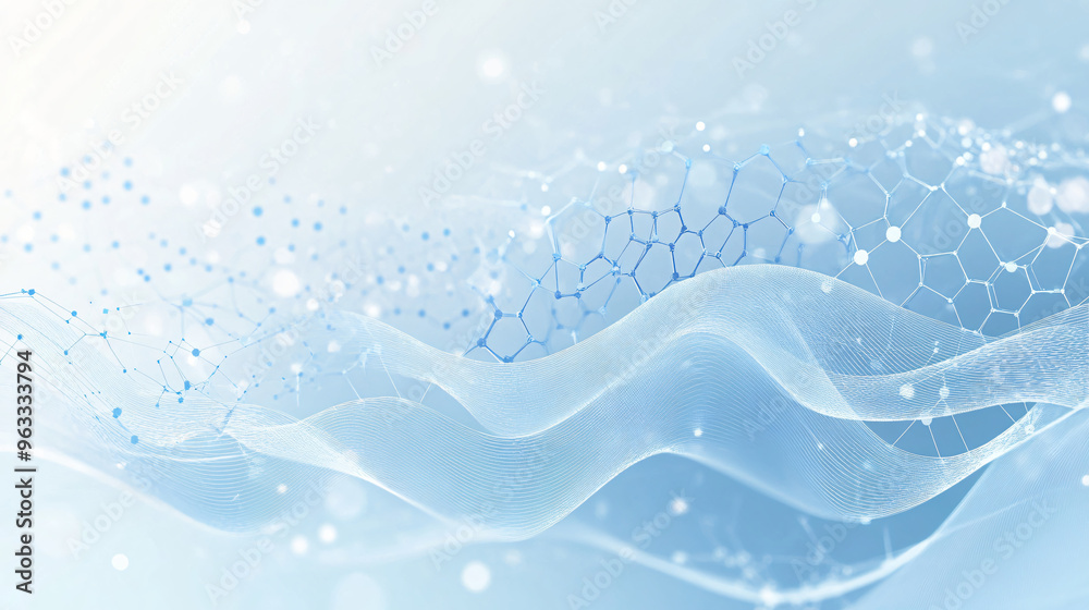Poster Modern technological background with abstract blue wave design and molecular structure flow