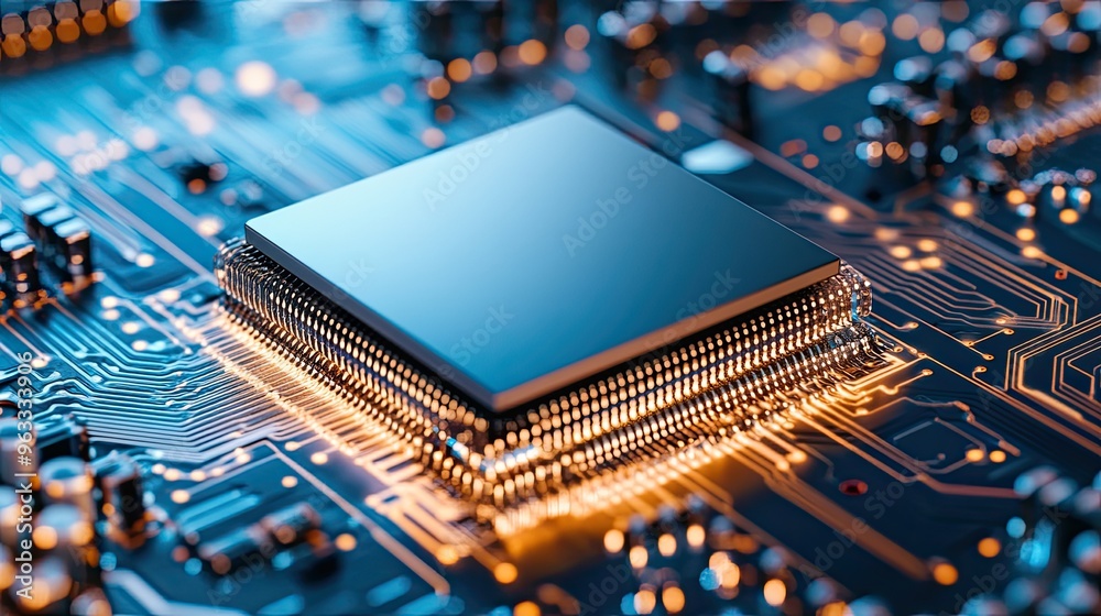 Poster close-up of a modern microprocessor on a circuit board, illustrating advanced technology and intrica
