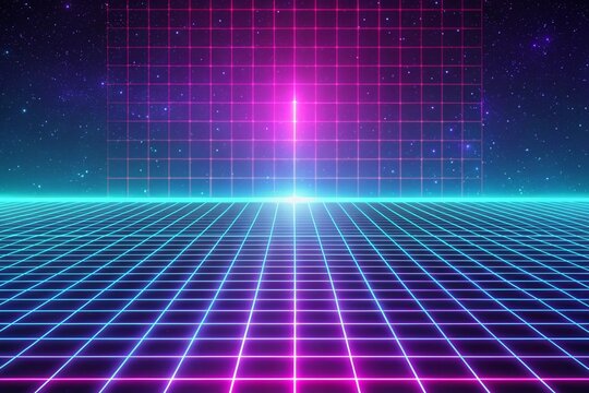 Vibrant retro futuristic grid background with neon lights and cosmic elements