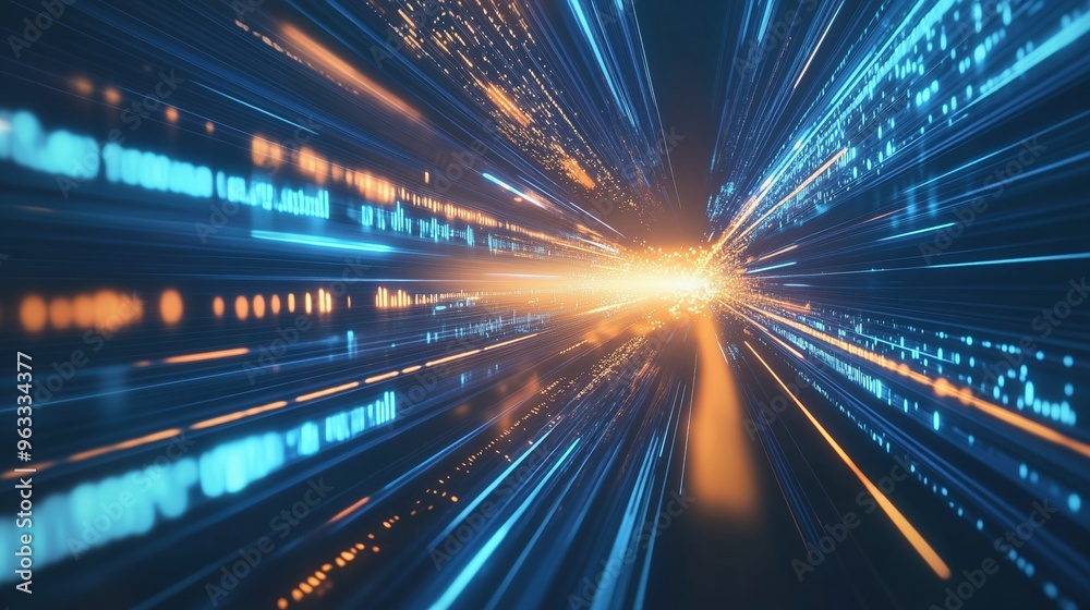 Poster Glowing digital technology background featuring blue and orange light rays with abstract lines of code and high-speed motion effects. Futuristic concept for big data analysis, science, and cyberspace,