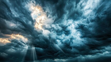 A dramatic sky filled with dark storm clouds, with beams of sunlight breaking through, creating a powerful and moody atmosphere.