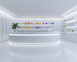 A modern pharmacy with minimalist white design, sleek counters, bright lighting, and organized shelves, Photorealistic, 3D Render