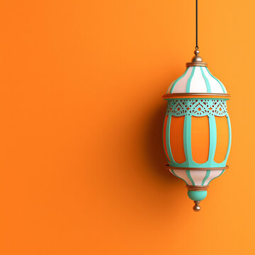 Brightly colored lantern with intricate patterns, hanging against an orange background, creating festive atmosphere.