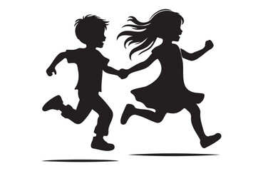 children girl and boy joyfully run of silhouette vector