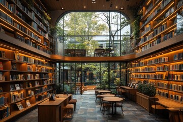 Fototapeta premium Contemporary Library with Large Glass Windows..