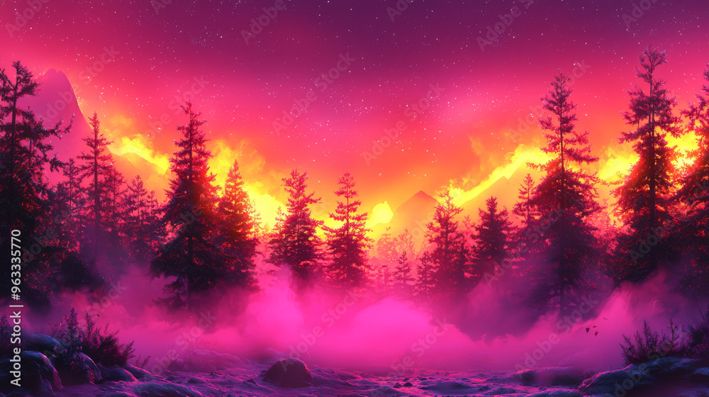 Wall mural a surreal, vibrant landscape featuring a dense forest silhouetted against a fiery pink and yellow sk