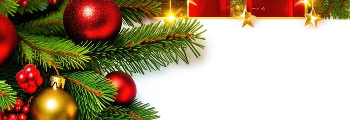 Fototapeta premium Top view. Christmas banner with fir branches, gifts and Christmas tree toys on a white background. 