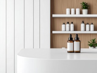 Modern pharmacy with sleek white counters, minimalist design, clean surfaces, and organized products, 3D Render, Photorealistic