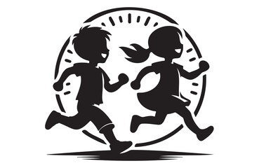 Obraz premium children girl and boy joyfully run of silhouette vector