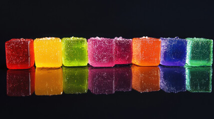 Crispy jelly cubes arranged in a rainbow gradient, from red to violet, on a glossy black surface.