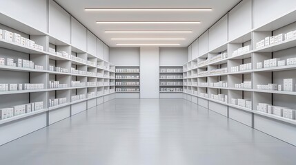Clean and modern pharmacy interior, with minimalist white shelving, soft ambient lighting, and glass walls, 3D Render, Photorealistic