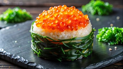 Vibrant orange tobiko encrusting a perfectly formed sphere of sushi rice, resting on a bed of shredded wakame seaweed and pickled ginger.