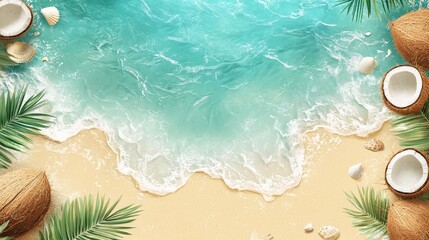 The website banner design features a minimalist style, a spacious beach themed background, soft tones, gentle waves in the distance, and coconut trees at the edges, creating a calm and clean space.
