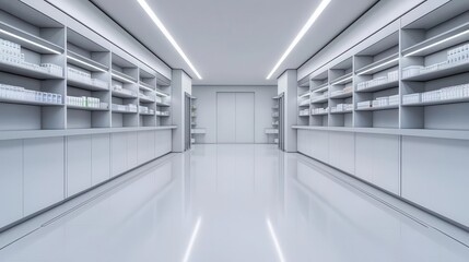 Fototapeta premium White minimalist pharmacy store, with sleek counters, modern shelving, and clean surfaces, organized and bright, 3D Render, Photorealistic