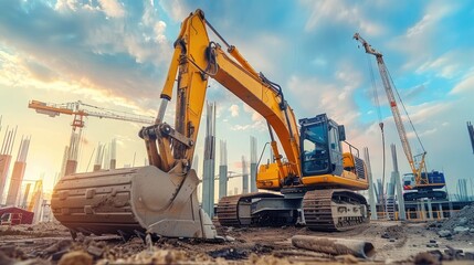 Construction Site with Excavator and Cranes at Sunset