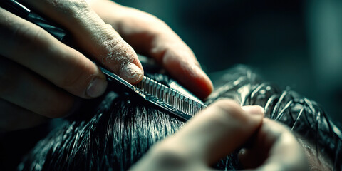 Hairdresser's Touch: A skilled hairdresser carefully cutting and styling a client's hair.