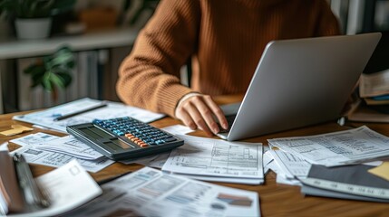 A person sitting at a desk with a calculator, financial documents, and a laptop, carefully planning their monthly budget.