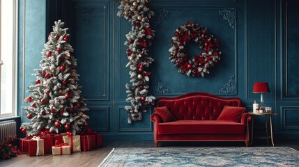 Holiday children's room model, blue wallpaper, Christmas tree. The warm and comfortable atmosphere of the New Year perfectly showcases holiday decorations and joyful atmosphere.