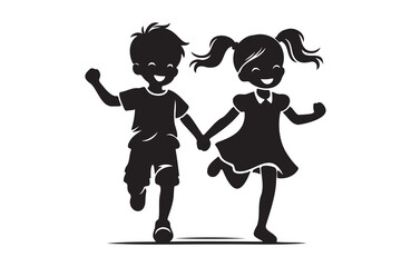 children girl and boy joyfully run of silhouette vector