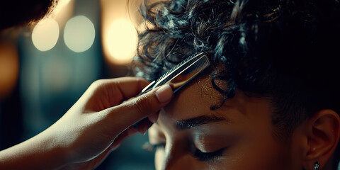 Obraz premium Hairdresser's Touch: A skilled hairdresser carefully cutting and styling a client's hair.