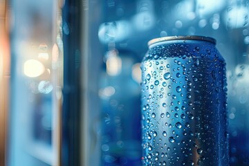 A cold blue aluminum can sits on a shelf in the refrigerator.